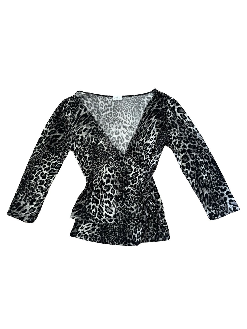 Suzy Shier Black & White Leopard Print Wrap Blouse